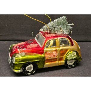 Vintage Style Car Hand Blown Glass Glittery Christmas Ornament w Tree on Top